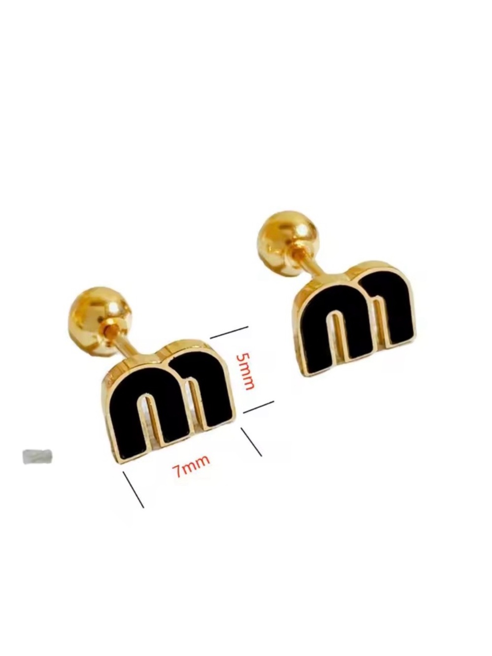 Gold and White 'm' Stud Earrings - Picture 2 of 2